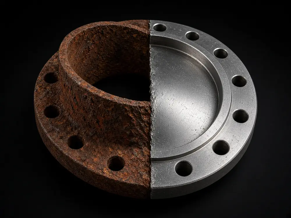 Steel flange, half corroded and half laser-cleaned