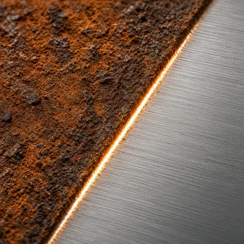 Rusted metal beside laser-cleaned metal