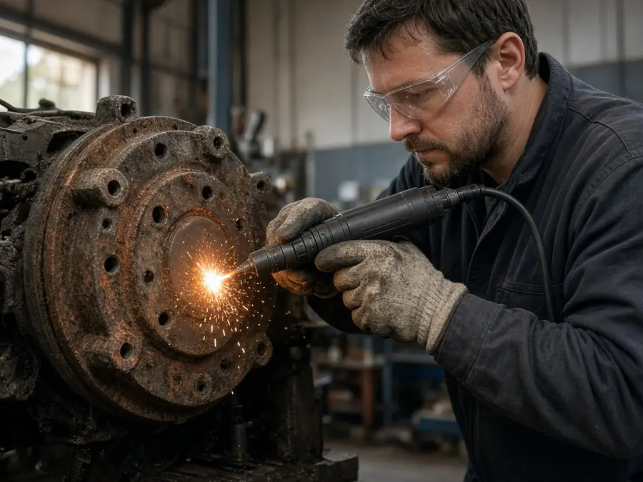 Technician laser-cleaning a rusty wheel hub