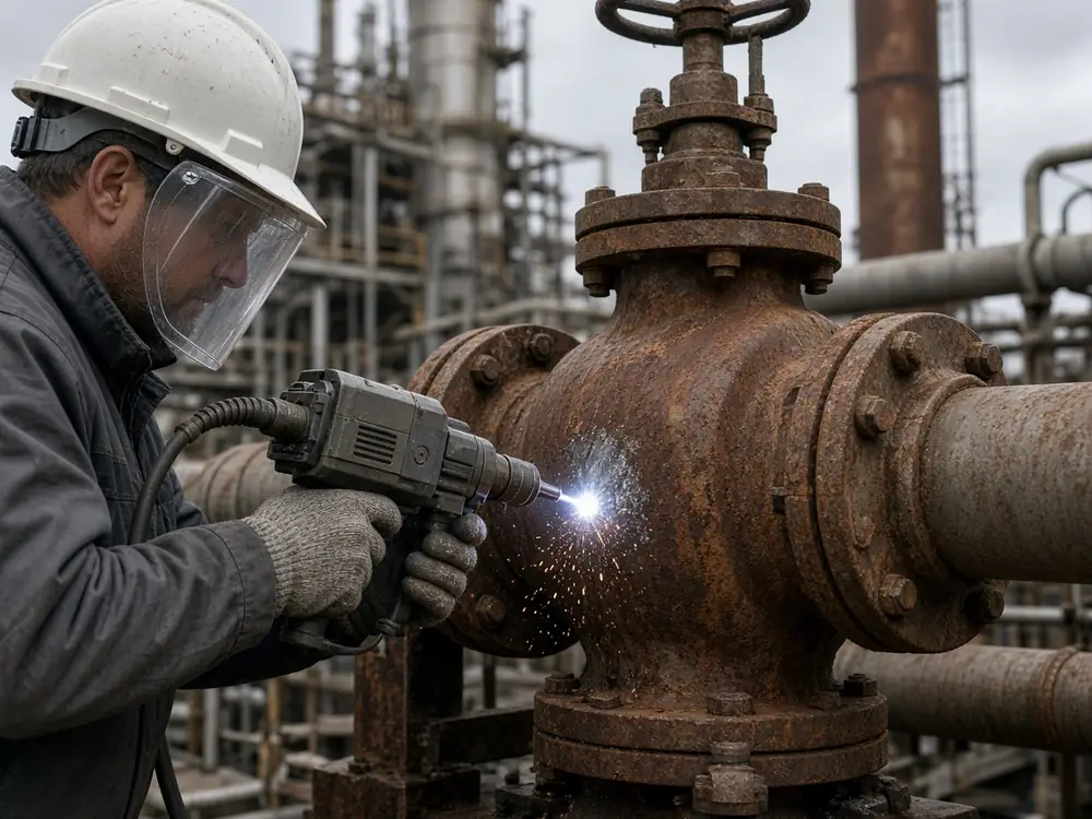 Operator in protective gear laser-cleaning a corroded valve